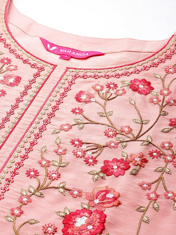 Varanga Women Peach Embroidered Kurta With Bottom And Organza Embroidered Dupatta